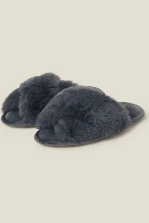 Accessorize Grey Luxe Cross Strap Faux Fur Slippers L