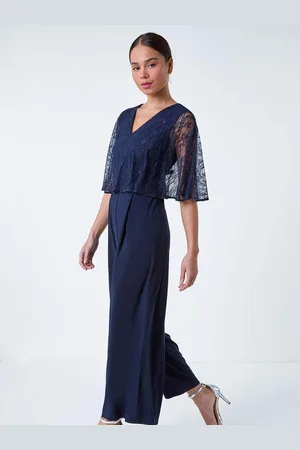 Roman Blue Lace Overlay Wide Leg Jumpsuit 16