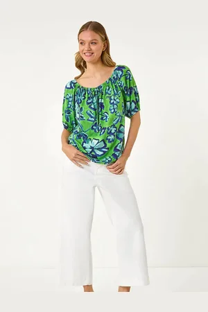 Roman Green Floral Print Bardot Stretch Blouse 14