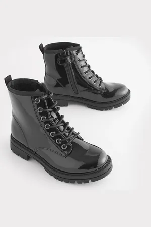 Next Black Patent Standard Fit (F) Warm Lined Lace-Up Boots AU 12 (EU 30.5)