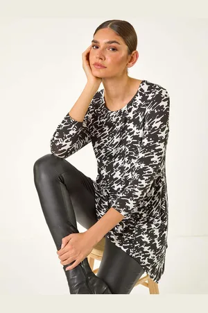 Roman Black Dogstooth Print Pocket Stretch Tunic Top AU 20