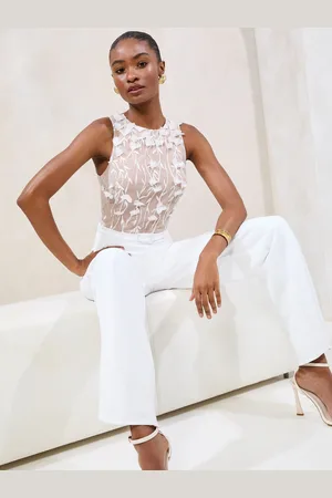Lipsy London White Mesh 3D Hyrbid Halter Wide Leg Jumpsuit 18