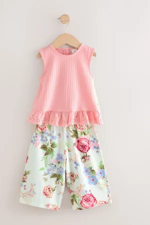 Next Pink Floral Frill Vest and Wide Leggings Set (3mths-7yrs) 6874cm