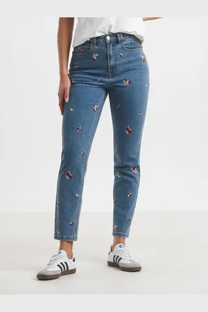 Simply Be Blue Slim Floral Print Embroidered Mom Jeans 22