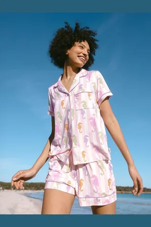 Chelsea Peers Pink Short Pyjamas Seahorse Stripe Print Button Up Short Pyjamas Set AU 14