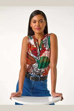 Roman Orange Leaf Print Pleated Vest Top 14