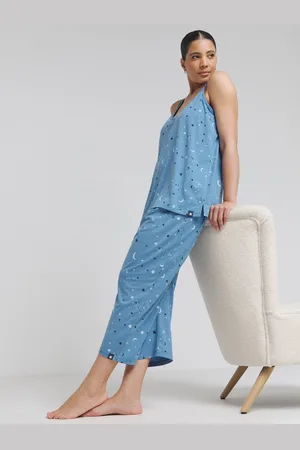 Simply Be Blue Pretty Lounge Fold Top Culotte Pyjamas Set AU 20-22