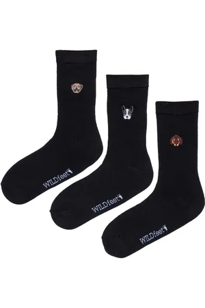 Wild Feet Black White Bamboo Embroidered Crew Socks One