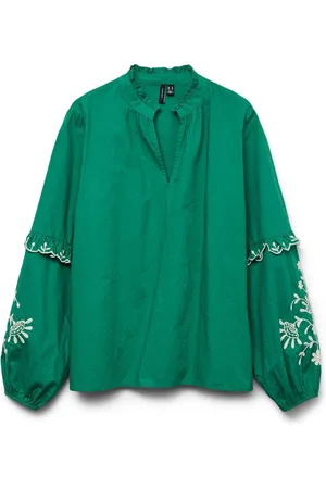 VERO MODA Green Long Sleeve Blouse with Embrodered Sleeves