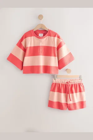 Next Coral Stripe 100% Cotton Textured Short Set Pyjamas medium