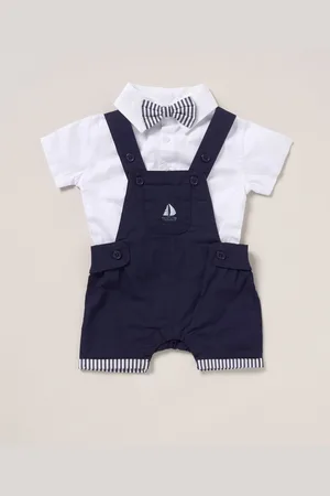 Little Gent Blue 100% Cotton Bodysuit Shirt Dungarees and Bowtie Outfit Set 7492cm