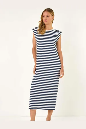Roman Ribbed Stripe Cap Sleeve Midi Dress AU 16