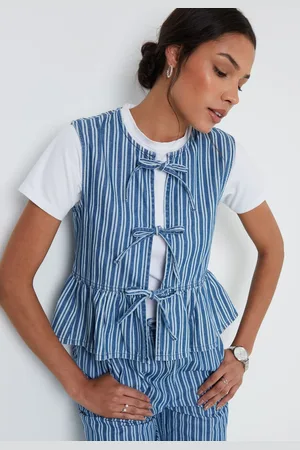 Threadbare Blue Striped Tie Front Denim Waistcoat 14