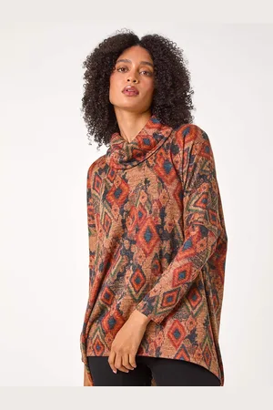 Roman Brown Print Cowl Neck Tunic Top AU 16