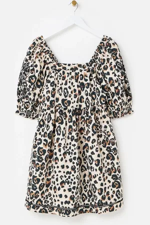 Oliver Bonas Mini Leopard Print Embroidered Puff 100% Cotton Sleeve Dress 8