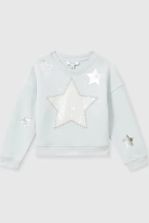 Reiss Blue Stella 13-14 yrs Cotton Blend Sequin Star Logo Sweatshirt 158164cm