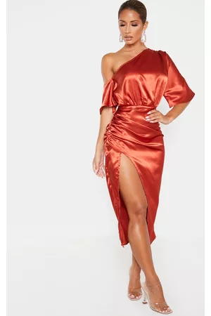 PRETTYLITTLETHING Satin One Shoulder Ruched Skirt Midi Dress