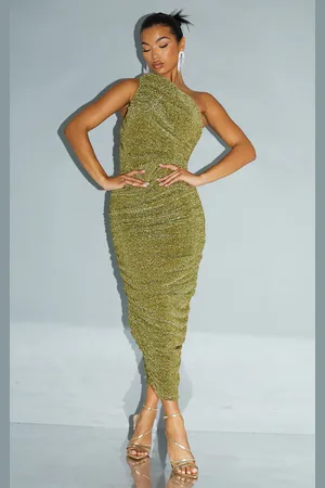 PRETTYLITTLETHING Glitter Plisse Ruched One Shoulder Midi Dress