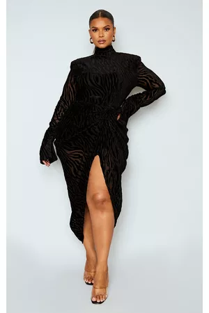 PRETTYLITTLETHING Plus Zebra Devore High Neck Draped Midi Dress