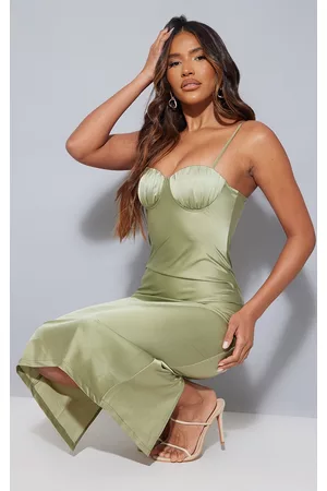 PRETTYLITTLETHING Satin Ruched Cup Strappy Midi Dress