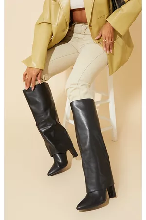 PRETTYLITTLETHING Wide Fit Pu Pointed Fold Over Block Heel Knee Boots