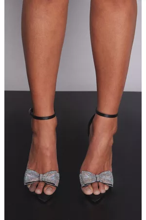 PRETTYLITTLETHING Satin Point Toe Diamante Bow Detail High Stiletto Heeled Sandals