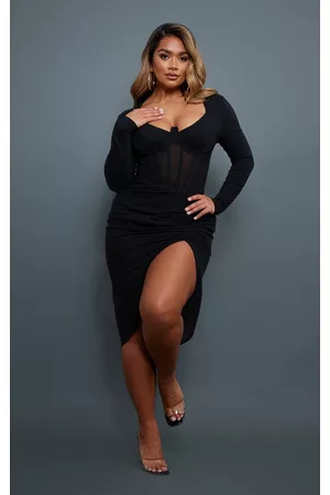 PRETTYLITTLETHING Shape Corset Detail Long Sleeve Ruched Midi Dress