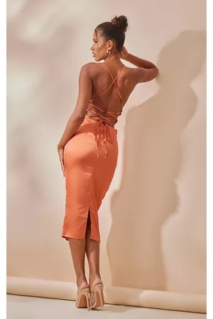 PRETTYLITTLETHING Strappy Back Cowl Neck Satin Midi Dress