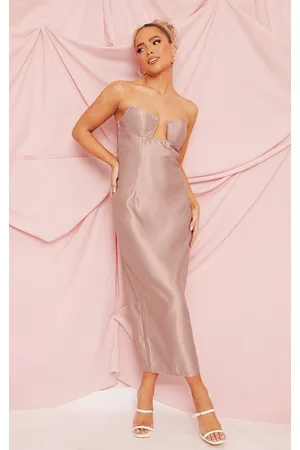 PRETTYLITTLETHING Satin V Bar Bandeau Midi Dress