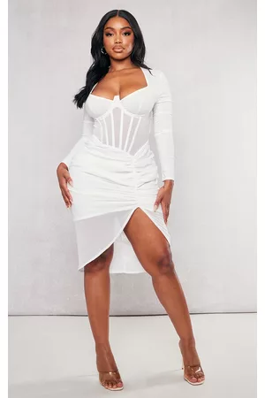 PRETTYLITTLETHING Shape Corset Detail Long Sleeve Ruched Midi Dress