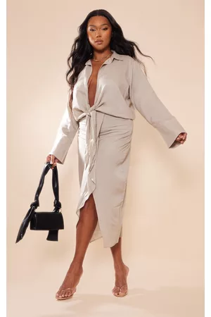 PRETTYLITTLETHING Plus Linen Look Drape Front Midi Skirt