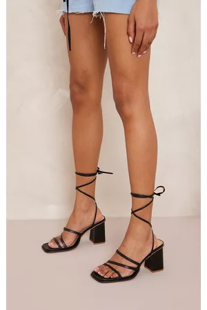 PRETTYLITTLETHING Wide Fit Faux Leather Square Triple Strap Ankle Tie Block Heeled Sandals