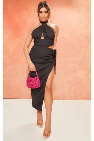 PRETTYLITTLETHING Chiffon Rose Trim Cut Out Halter Tie Midi Dress