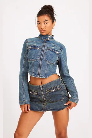 Dipped Hem Corset Detail Cropped Jacket In Blue Dirty Wash Denim