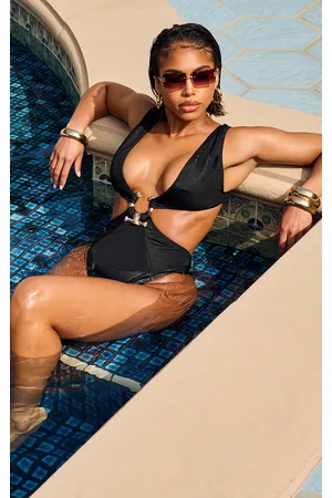 PRETTYLITTLETHING Hammered Trim Deep Plunge Cut Out Swimsuit