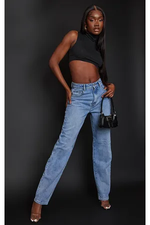 Prettylittlething Women's Mid Blue Wash Cut Out Waist Band 90's Baggy Boyfriend Jeans - Size 12