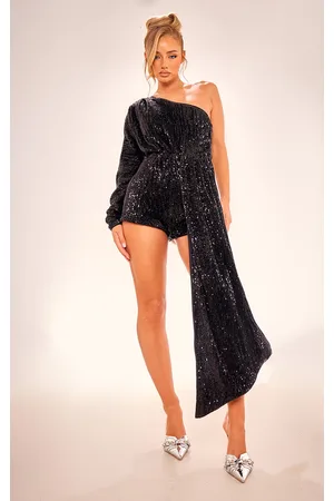 PRETTYLITTLETHING Sequin Drape Detail One Sleeve Playsuit