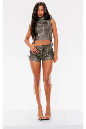PRETTYLITTLETHING Washed Faux Leather High Neck Sleeveless Lace Side Top
