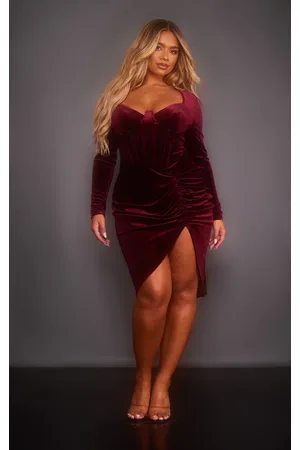 PRETTYLITTLETHING Shape Velvet Corset Detail Long Sleeve Ruched Midi Dress