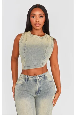 PRETTYLITTLETHING Shape Denim Washed Asymmetric Crop Top