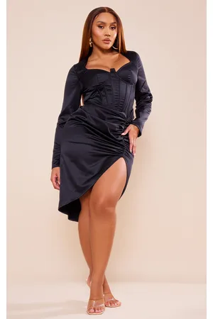 PRETTYLITTLETHING Shape Satin Corset Detail Long Sleeve Ruched Midi Dress