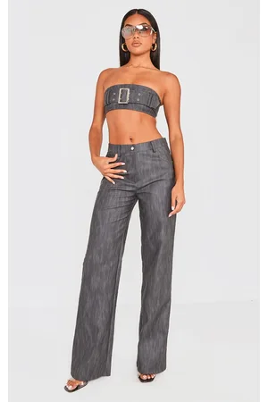 PRETTYLITTLETHING Washed Faux Leather Belted Straight Leg Pants