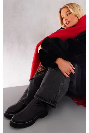 PRETTYLITTLETHING Faux Leather Round Diamante Chunky Ankle Sock Boots