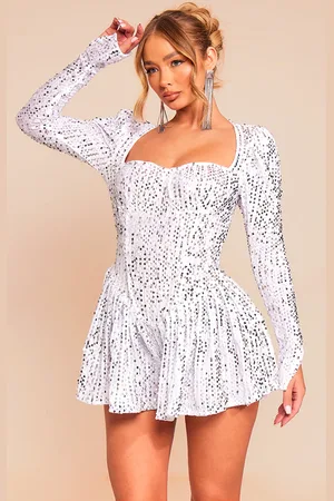 PRETTYLITTLETHING Sequin Cup Detail Long Sleeve Skater Playsuit
