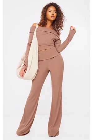 PRETTYLITTLETHING Rib Foldover Low Rise Flared Pants