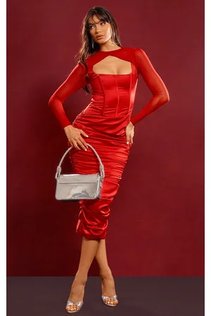 PRETTYLITTLETHING Premium Constructed Satin Mesh Sleeve Ruched Midi Dress