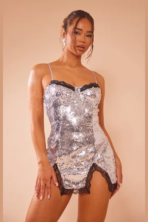 PRETTYLITTLETHING Sequin Lace Detail Strappy Shift Dress