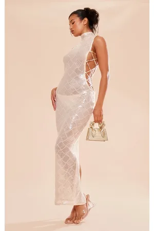 PRETTYLITTLETHING Patterned Sequin Lace Up Side High Neck Midaxi Dress