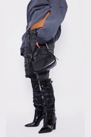 PRETTYLITTLETHING Wide Fit Patent Pu Point Toe Buckle Ruched Block Heel Knee Boots