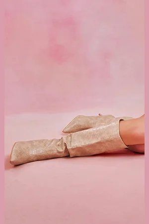 PRETTYLITTLETHING PU Croc Detail Point Toe Stiletto Heeled Knee Boots